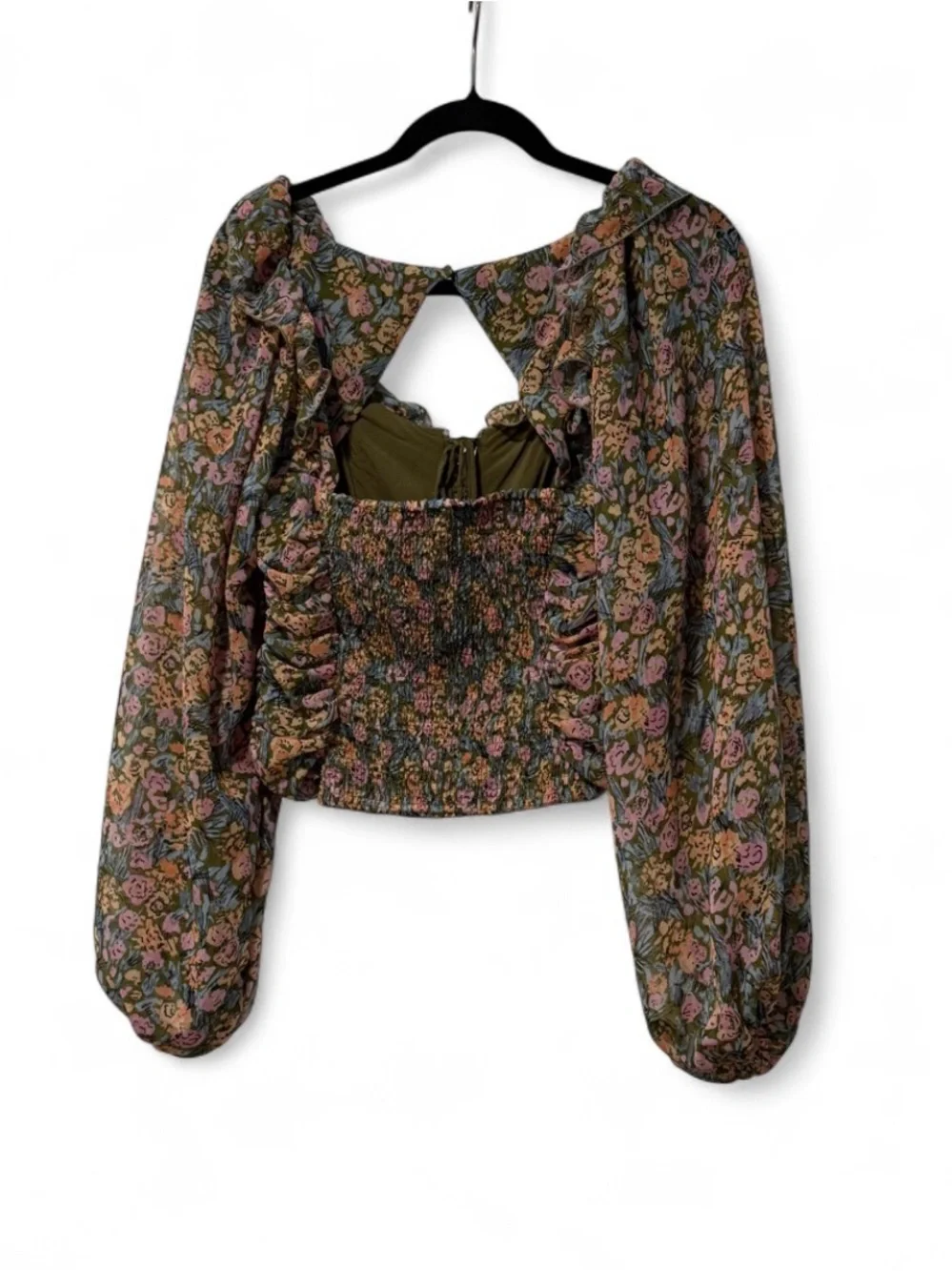Boho Free People Olive Floral Ruched Crop Top Open Back Balloon Sleeve Size S